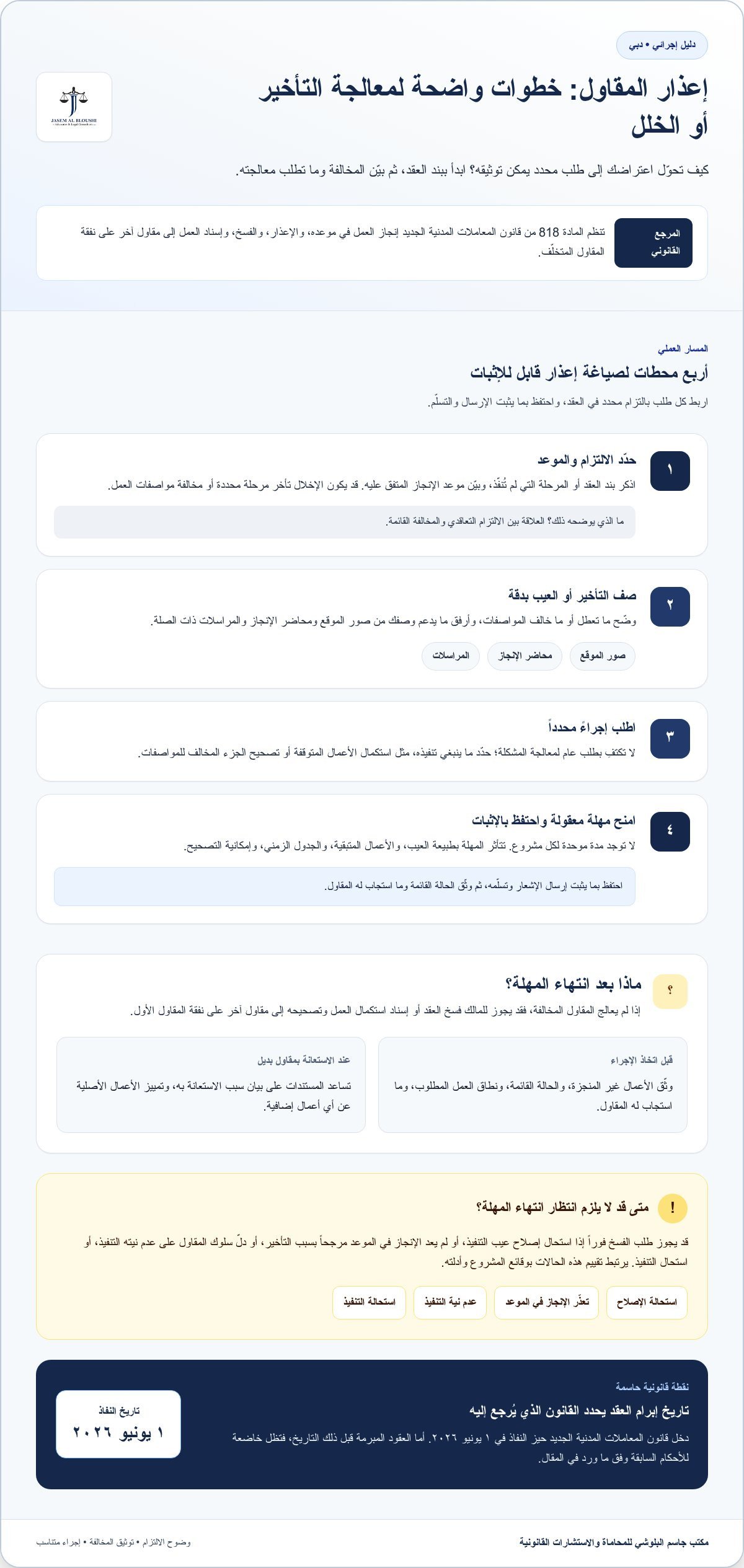 حقوق المالك عند تأخر المقاول في دبي وما يترتب على التأخير